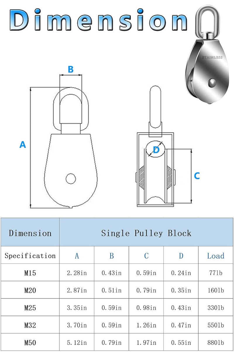 Lsqurel Cable Pulley, Can Swivel Rope Pulley 304 Stainless Steel Pulley Block Small Heavy Duty Pulley M15 M20 M25 M50 Pulley Wheel for Pulley System, Gym Equipment, Hanging, Lifting, etc - Image 2